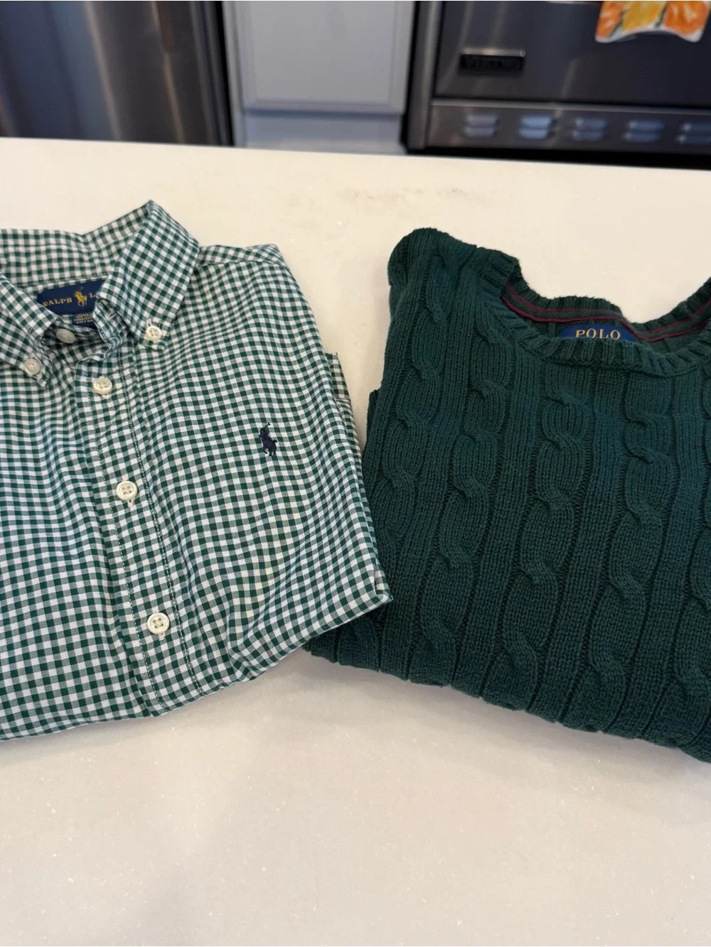 Polo Ralph Lauren Boys 2 PCS Set Green Cable Knit & Checkered Shirt Sz 5